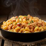 Delicious serving of shredded BBQ chicken mac and cheese, displaying creamy texture and garnished with parsley on a rustic table.