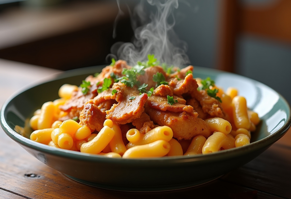Delicious serving of shredded BBQ chicken mac and cheese, displaying creamy texture and garnished with parsley on a rustic table.