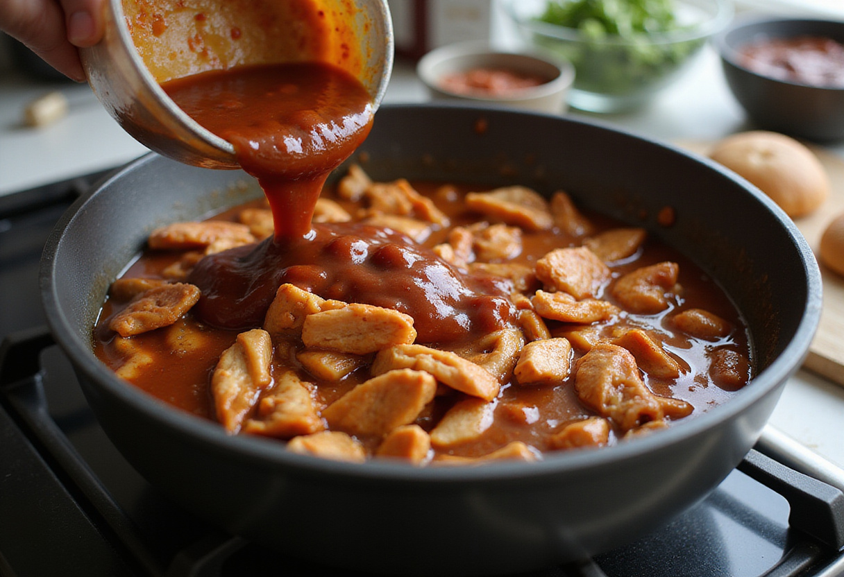 Shredded BBQ chicken being mixed with sauce for mac and cheese recipe in a warm kitchen, perfect for comfort food.