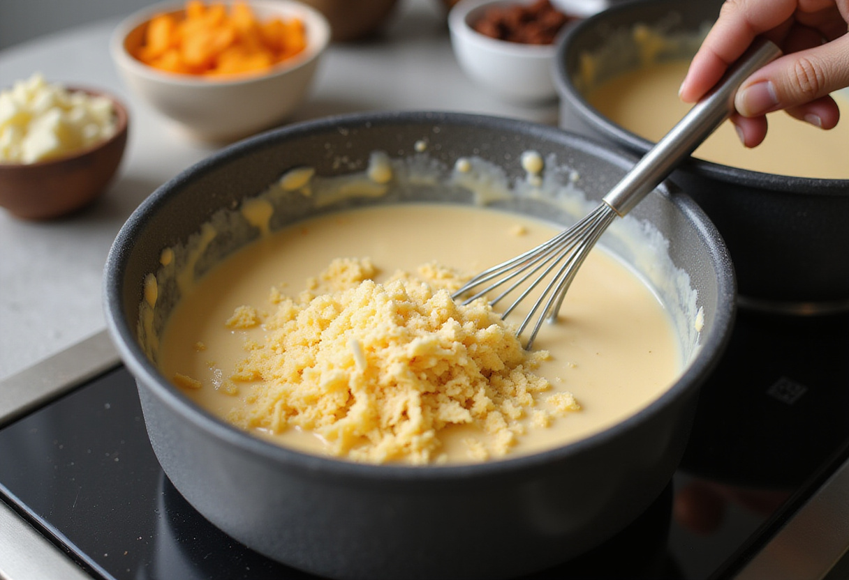 Preparing a creamy cheese sauce for mac and cheese with shredded BBQ chicken, showcasing melted cheese and creamy textures.