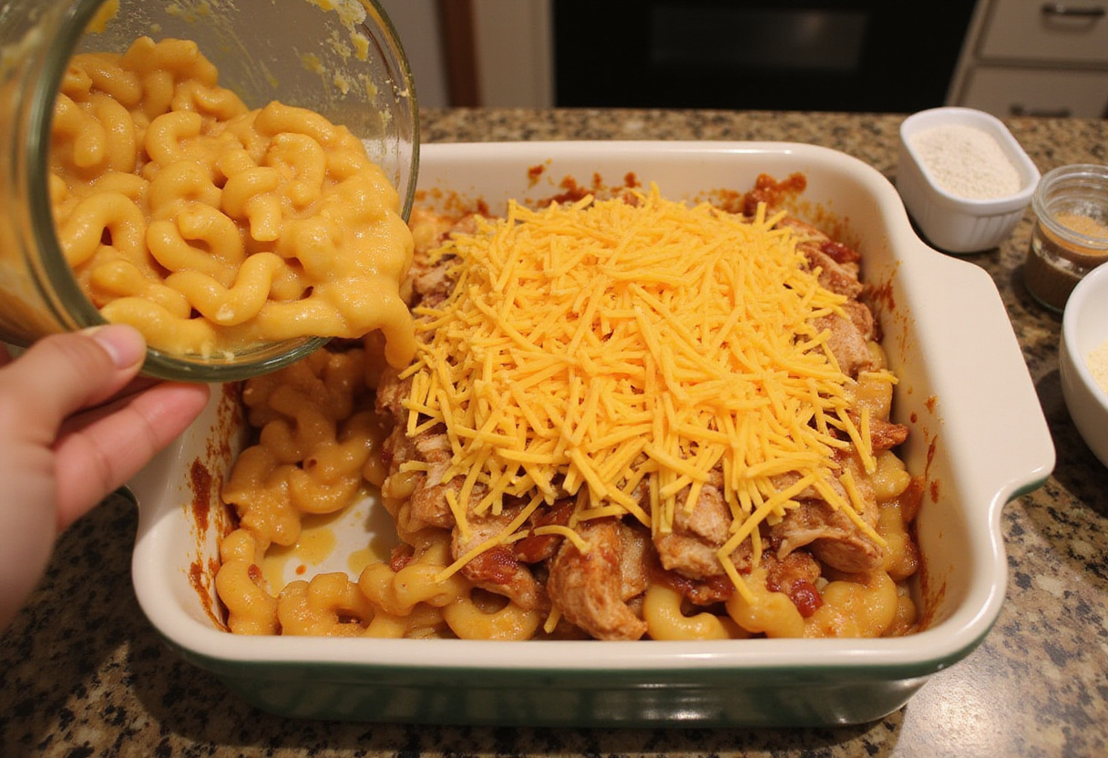Layering shredded BBQ chicken mac and cheese in a casserole dish, highlighting the cheesy goodness and preparation stage of the dish.