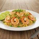 Delicious shrimp fried rice served on a plate, garnished with fresh green onions and lime wedges, perfect for a meal in a cozy setting.