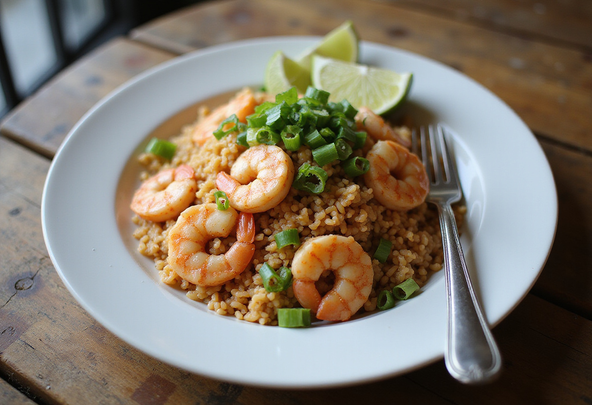 Delicious shrimp fried rice served on a plate, garnished with fresh green onions and lime wedges, perfect for a meal in a cozy setting.