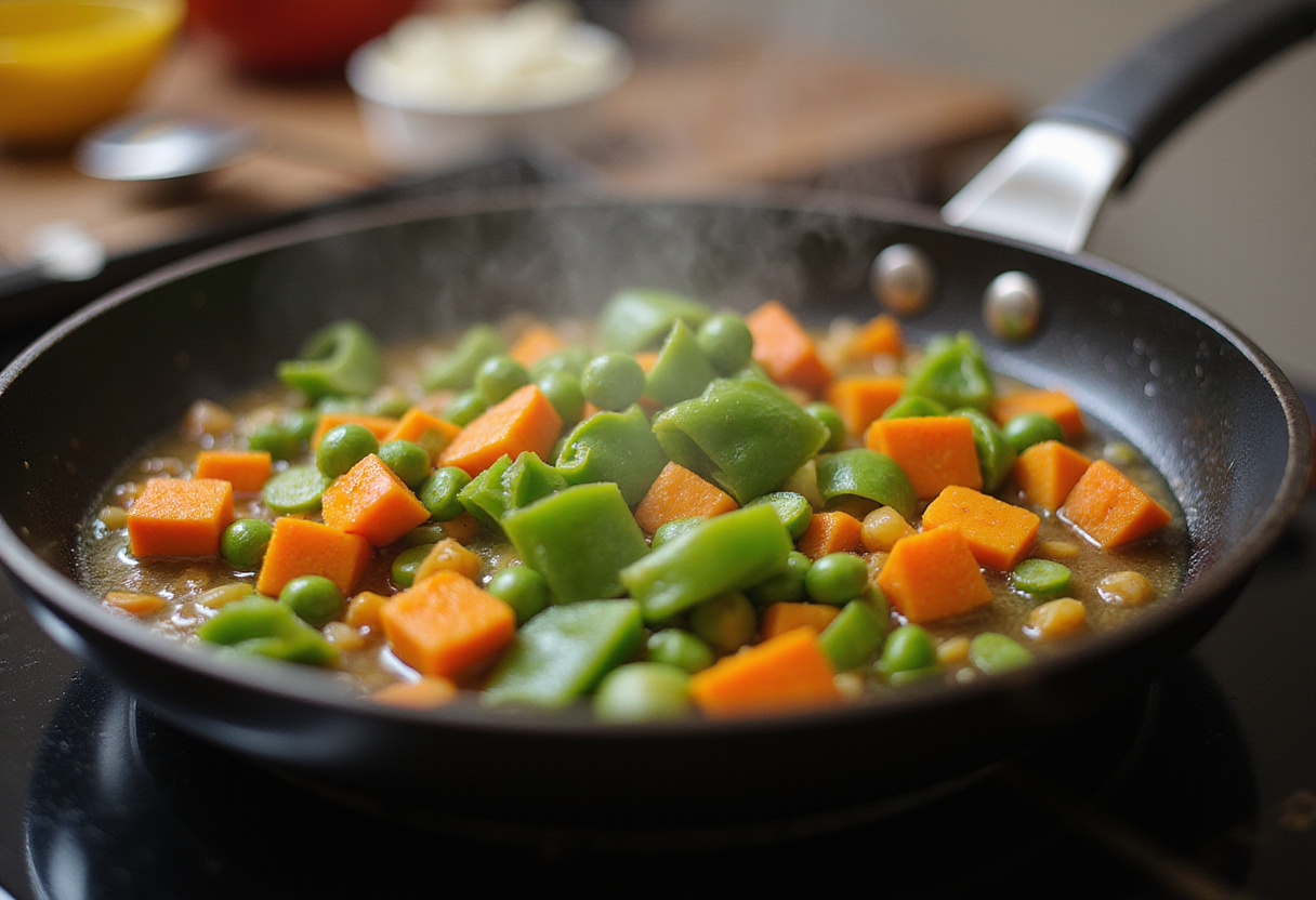 Fresh diced vegetables sautéing in a frying pan for shrimp fried rice, colorful bell peppers, peas, and carrots in a lively kitchen.