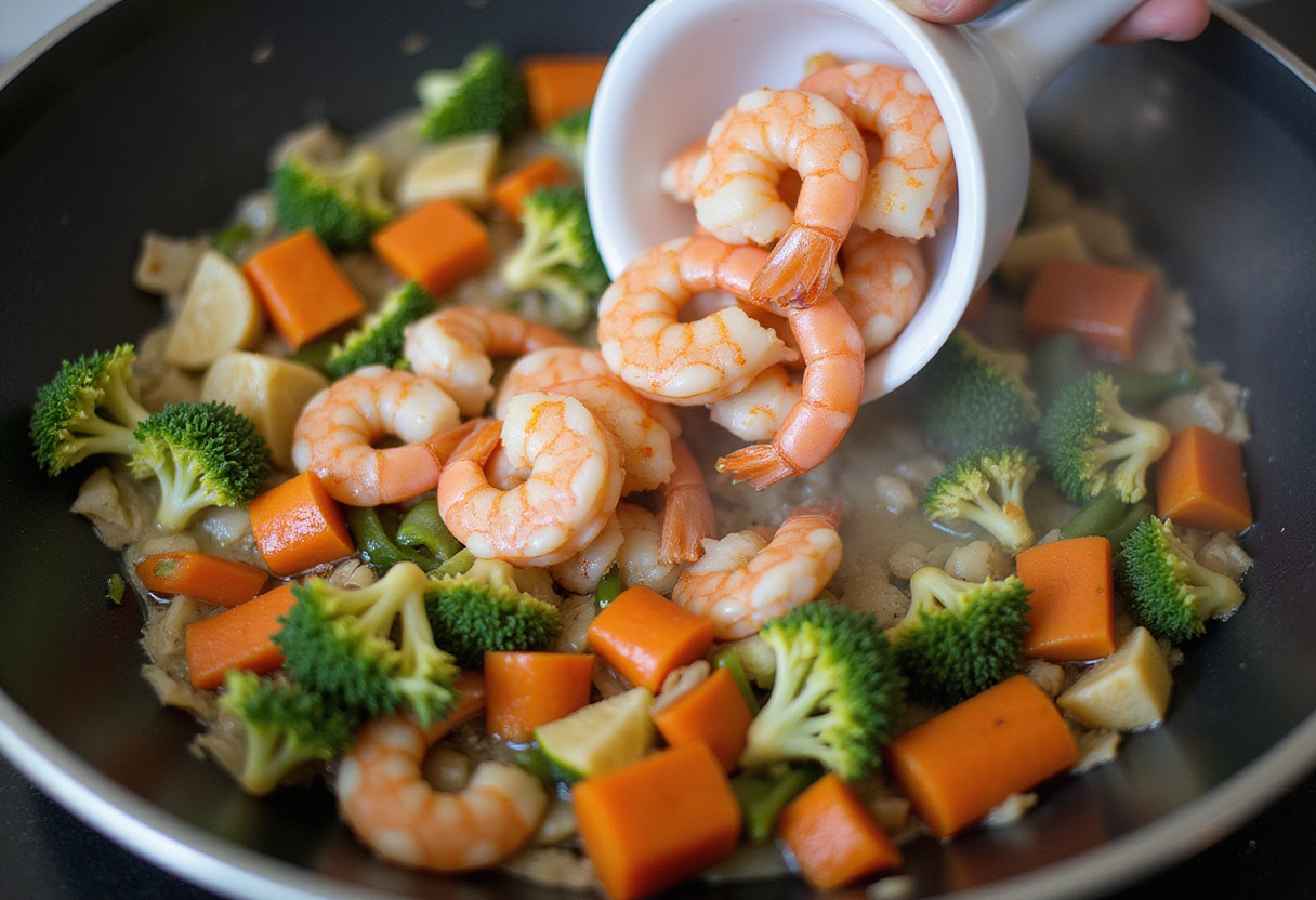 Adding pre-cooked shrimp into the sizzling vegetables for shrimp fried rice, capturing the vibrant colors and steam in a cooking scene.