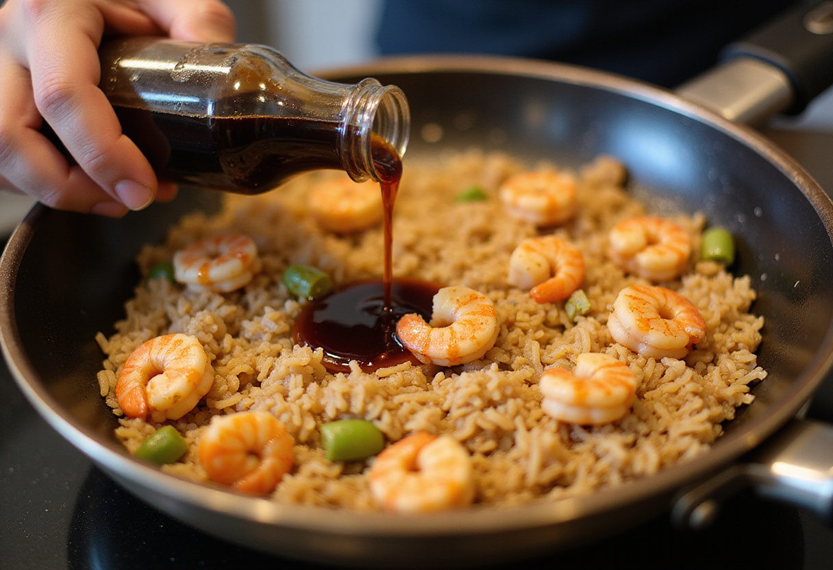 Pouring soy sauce over shrimp fried rice in a frying pan, highlighting the aromatic flavors merging in the cooking process.