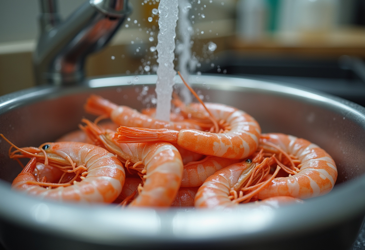 Fresh shrimp being washed in preparation for a delicious Shrimp Street-Corn Skillet recipe, showcasing the key ingredient.