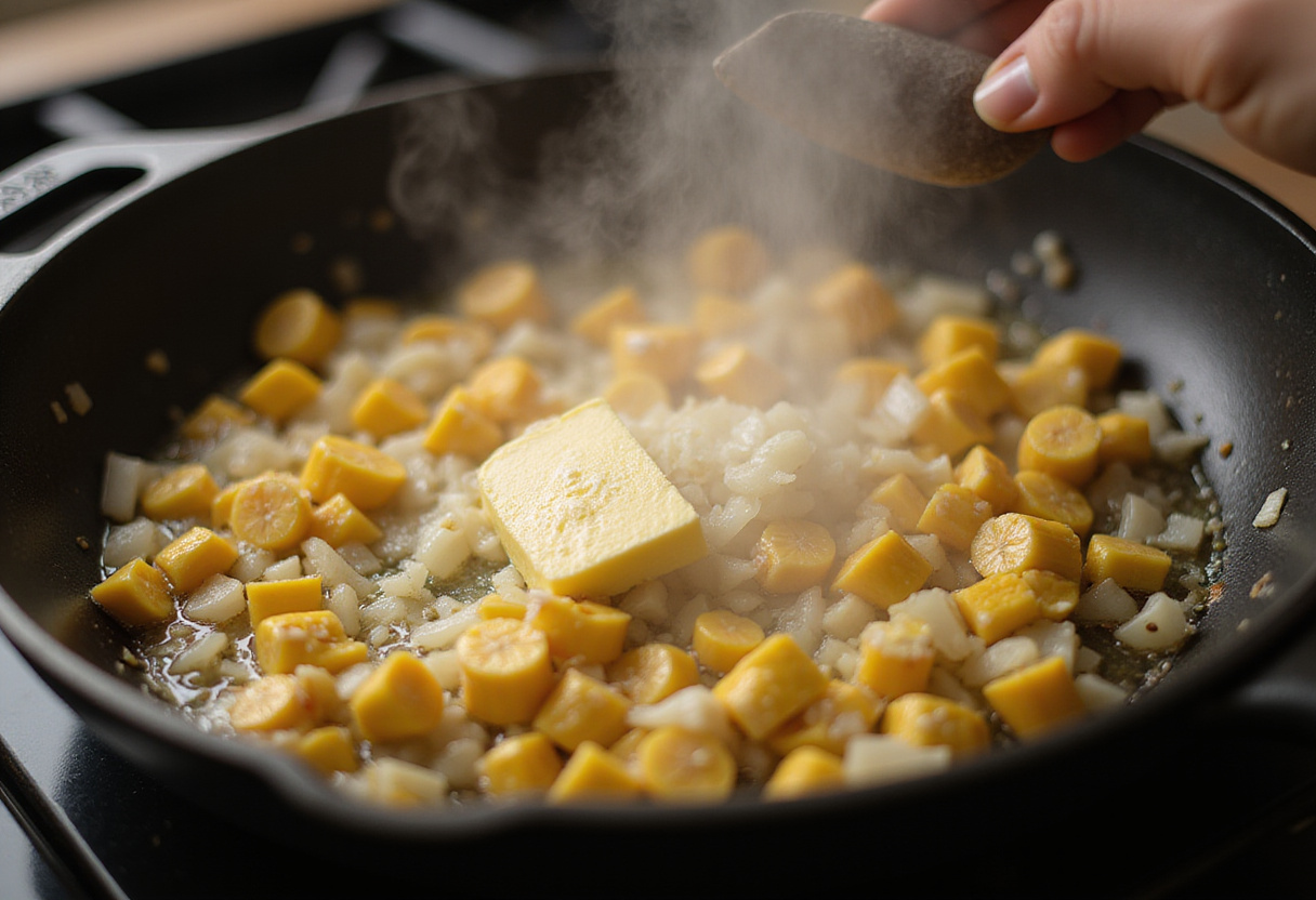 Sizzling butter with diced onions and corn in a skillet, essential for the flavorful Shrimp Street-Corn Skillet.