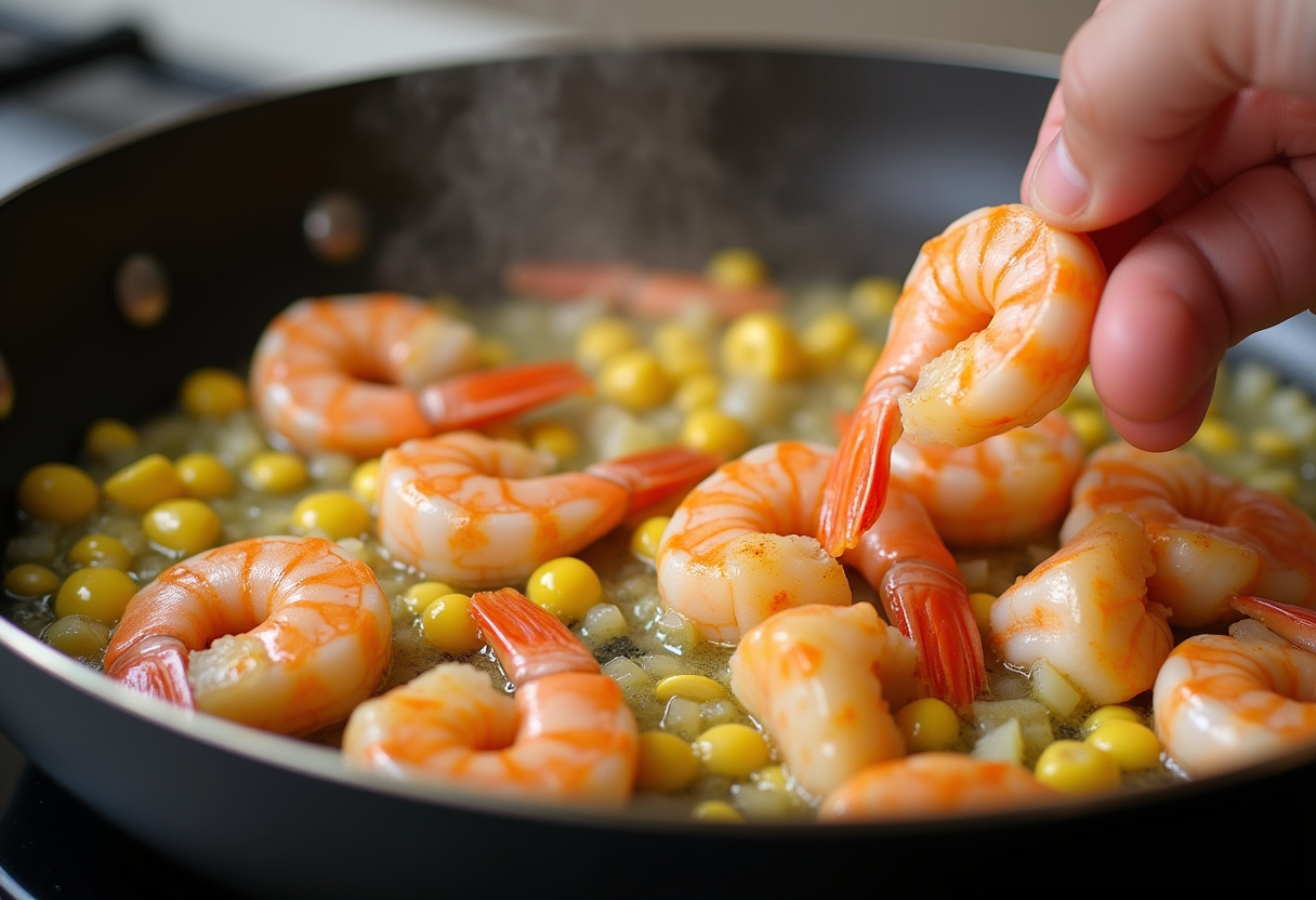 Shrimp being cooked with corn and onions in a skillet for a tasty Shrimp Street-Corn Skillet dish, highlighting a perfect blend of flavors.