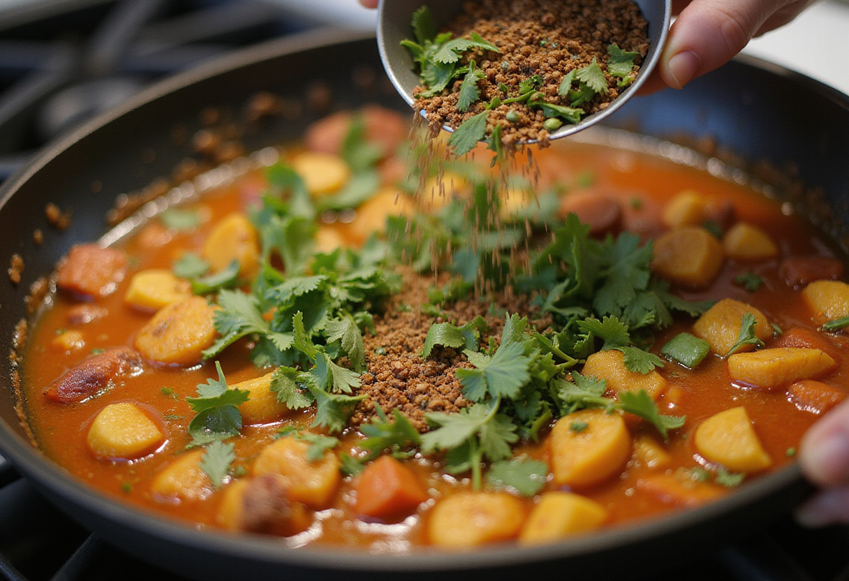 Adding fresh herbs and spices to the skillet for a flavorful finish to the Shrimp Street-Corn Skillet.