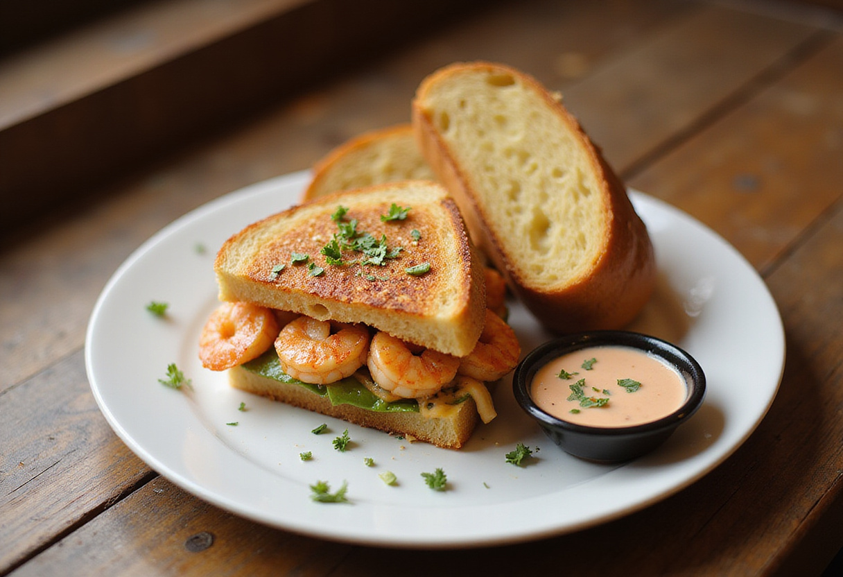 Final presentation of Shrimp-Stuffed Grilled Cheese with Garlic Bread, beautifully garnished, showcasing delicious flavors and textures.