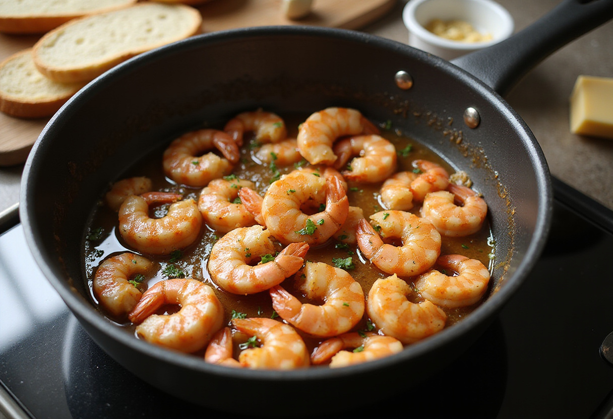 Cooking seasoned shrimp for Shrimp-Stuffed Grilled Cheese with Garlic Bread, featuring garlic and herbs in a cozy kitchen setting.