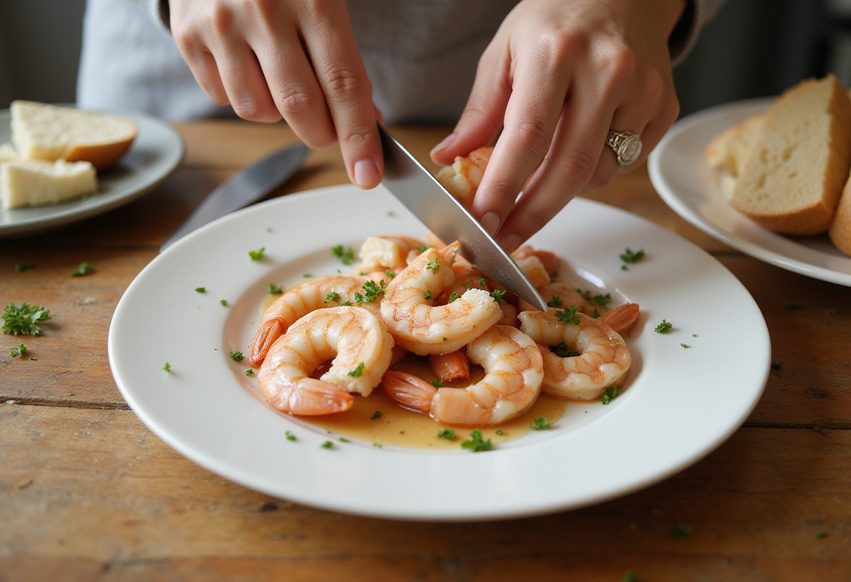Preparing shrimp filling for Shrimp-Stuffed Grilled Cheese with Garlic Bread by chopping cooked shrimp and mixing with cheese and herbs.