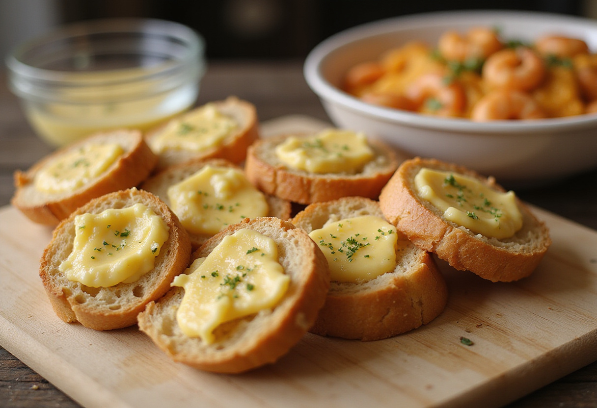 Spreading garlic butter on bread for Shrimp-Stuffed Grilled Cheese with Garlic Bread, showcasing the prep stage with cheese and shrimp filling.
