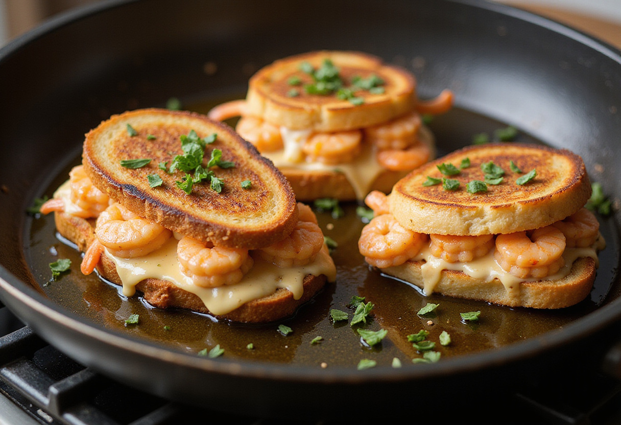 Cooking Shrimp-Stuffed Grilled Cheese in a skillet, with crispy golden bread and savory shrimp filling visible, highlighting the cooking process.