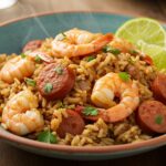Final presentation of shrimp and sausage dirty rice in a bowl, showcasing its rich flavors and inviting colors, perfect for meal sharing.