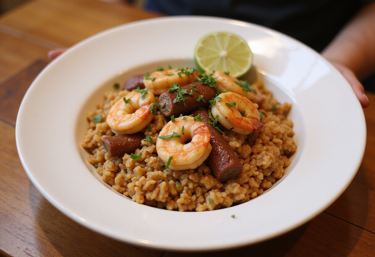 Final presentation of shrimp and sausage dirty rice in a bowl, showcasing its rich flavors and inviting colors, perfect for meal sharing.