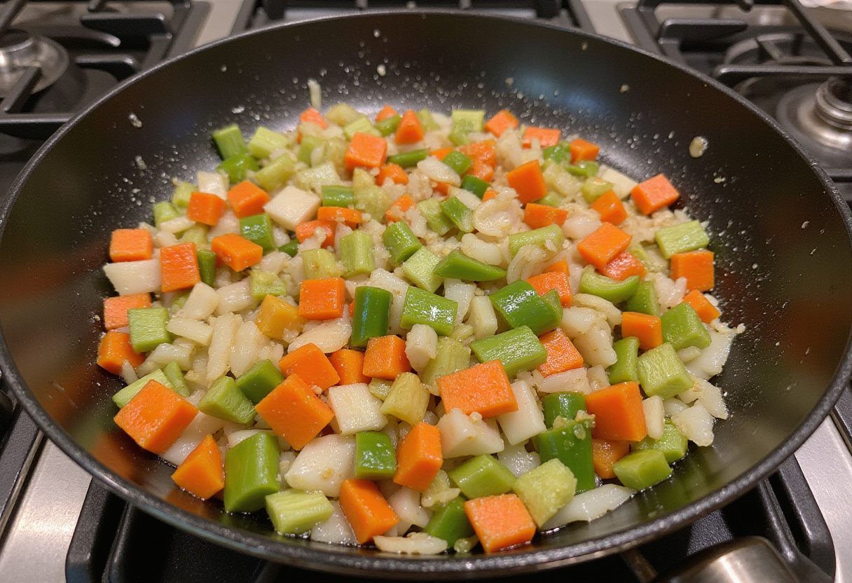 Sautรฉing vegetables for shrimp and sausage dirty rice, featuring onions, bell peppers, and celery in a skillet to enhance flavors.