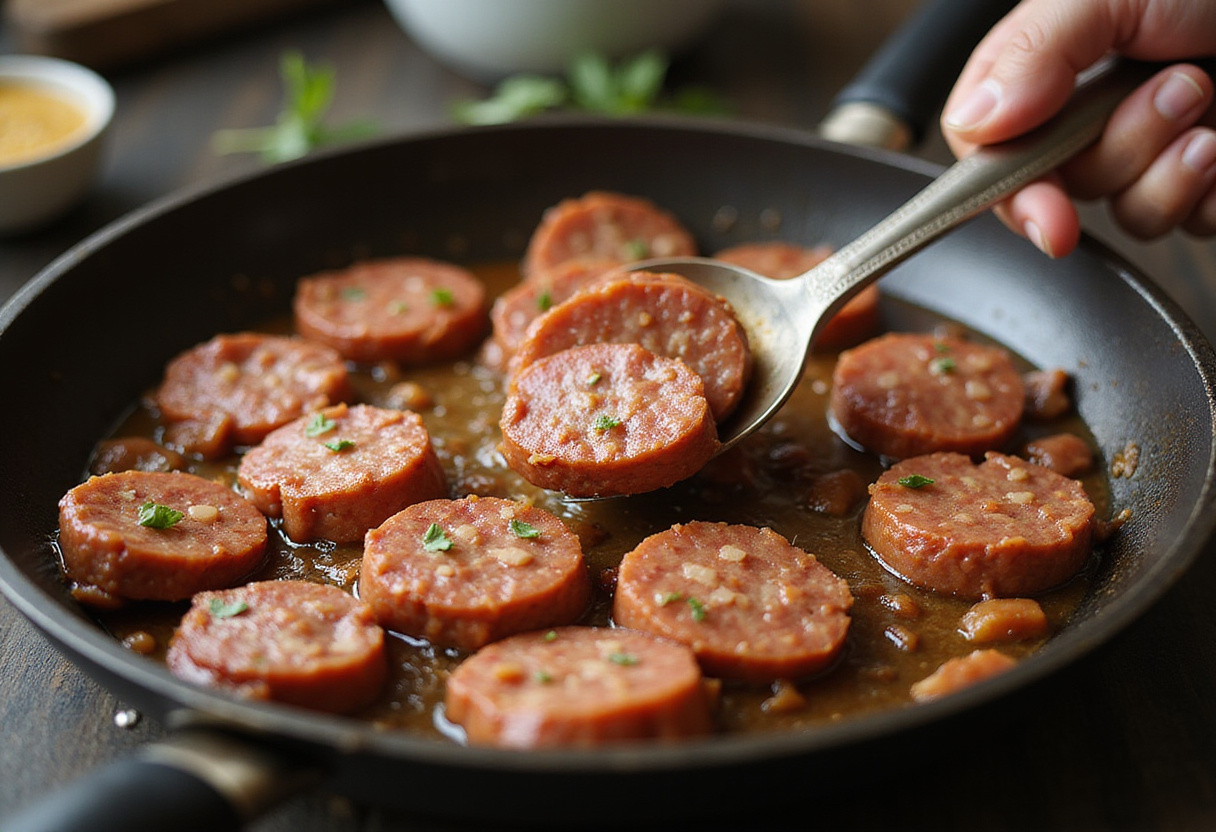 Browning sausage for shrimp and sausage dirty rice in a skillet, creating an appetizing aroma for the hearty dish.