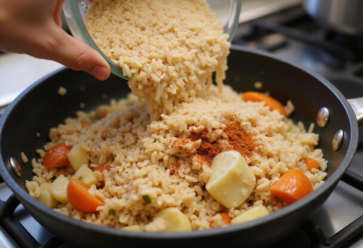 Mixing long-grain rice with broth and seasonings in shrimp and sausage dirty rice preparation, ensuring flavorful integration.
