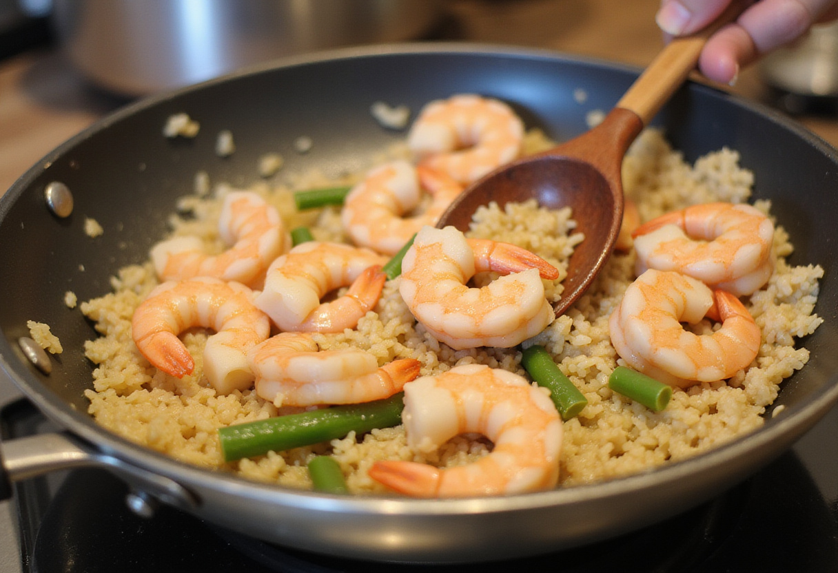 Cooking shrimp in the skillet with rice for shrimp and sausage dirty rice, showcasing vibrant colors and texture.