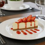 A slice of simple strawberry cheesecake with fresh strawberries, perfect for dessert enthusiasts, presented on a plate.