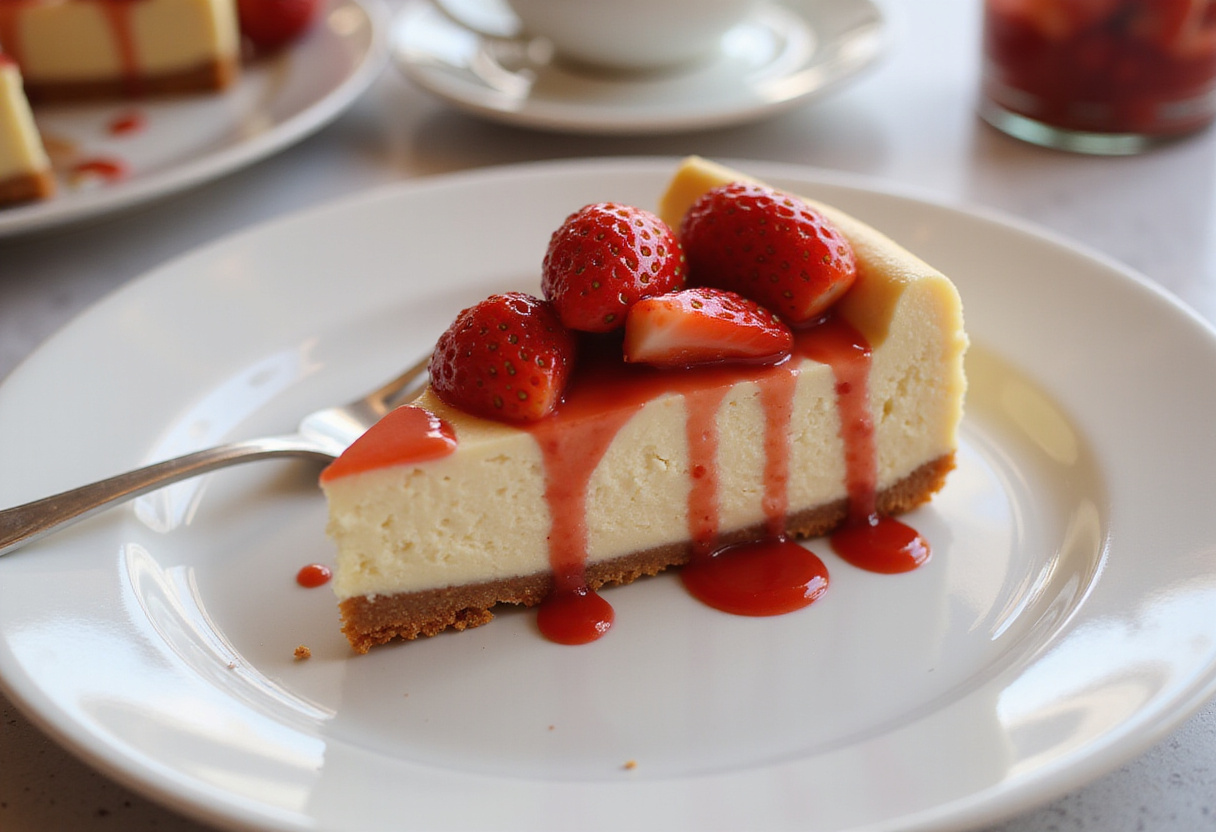 A slice of simple strawberry cheesecake with fresh strawberries, perfect for dessert enthusiasts, presented on a plate.