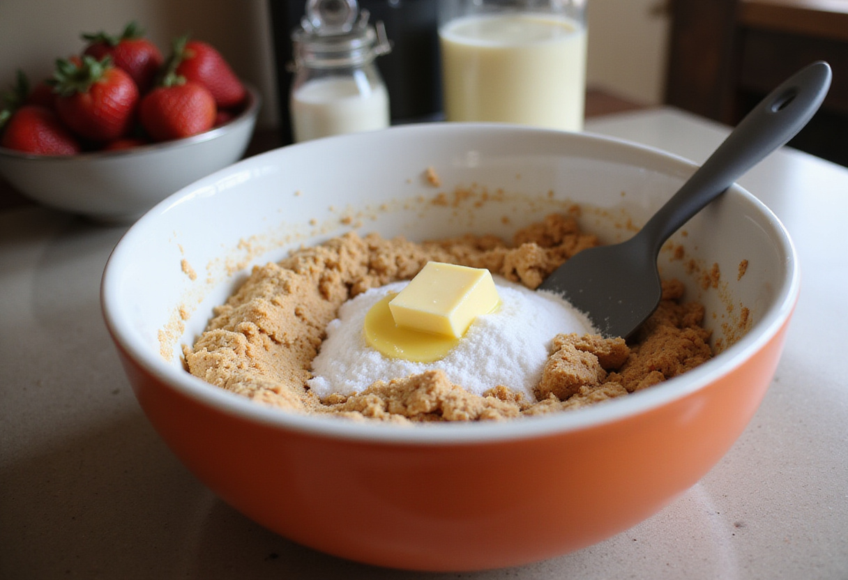 Crushed graham crackers mixture for a delicious strawberry cheesecake recipe, featuring fresh strawberries on a kitchen counter.