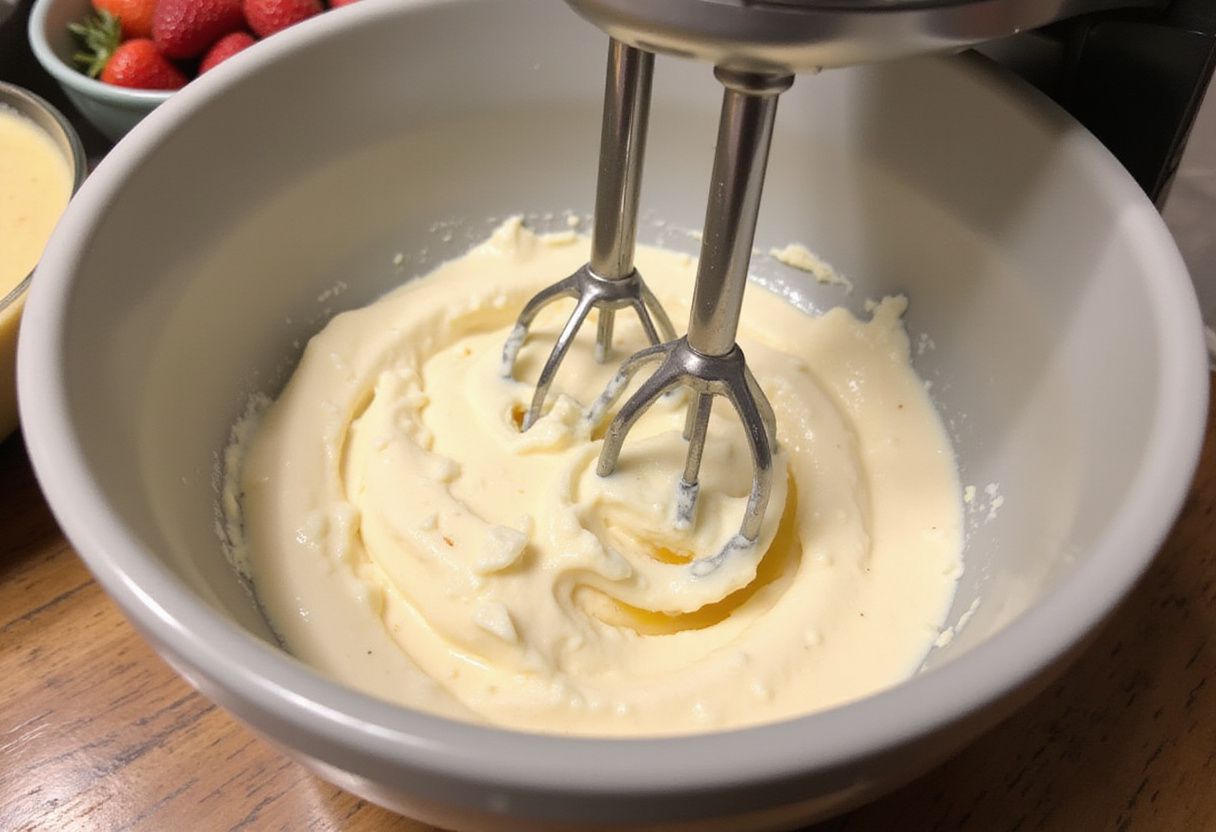 Cream cheese and sugar mixture being prepared for strawberry cheesecake, with fresh strawberries visible on the counter.