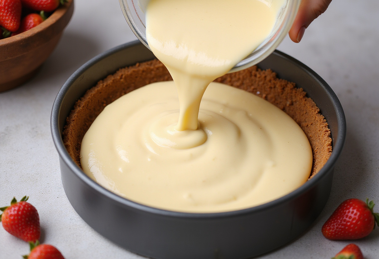Pouring strawberry cheesecake batter into a crust, showcasing fresh strawberries in a home kitchen setting.