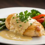 Deliciously presented smothered chicken breast with creamy sauce and vegetables, showcasing an inviting and savory dish.