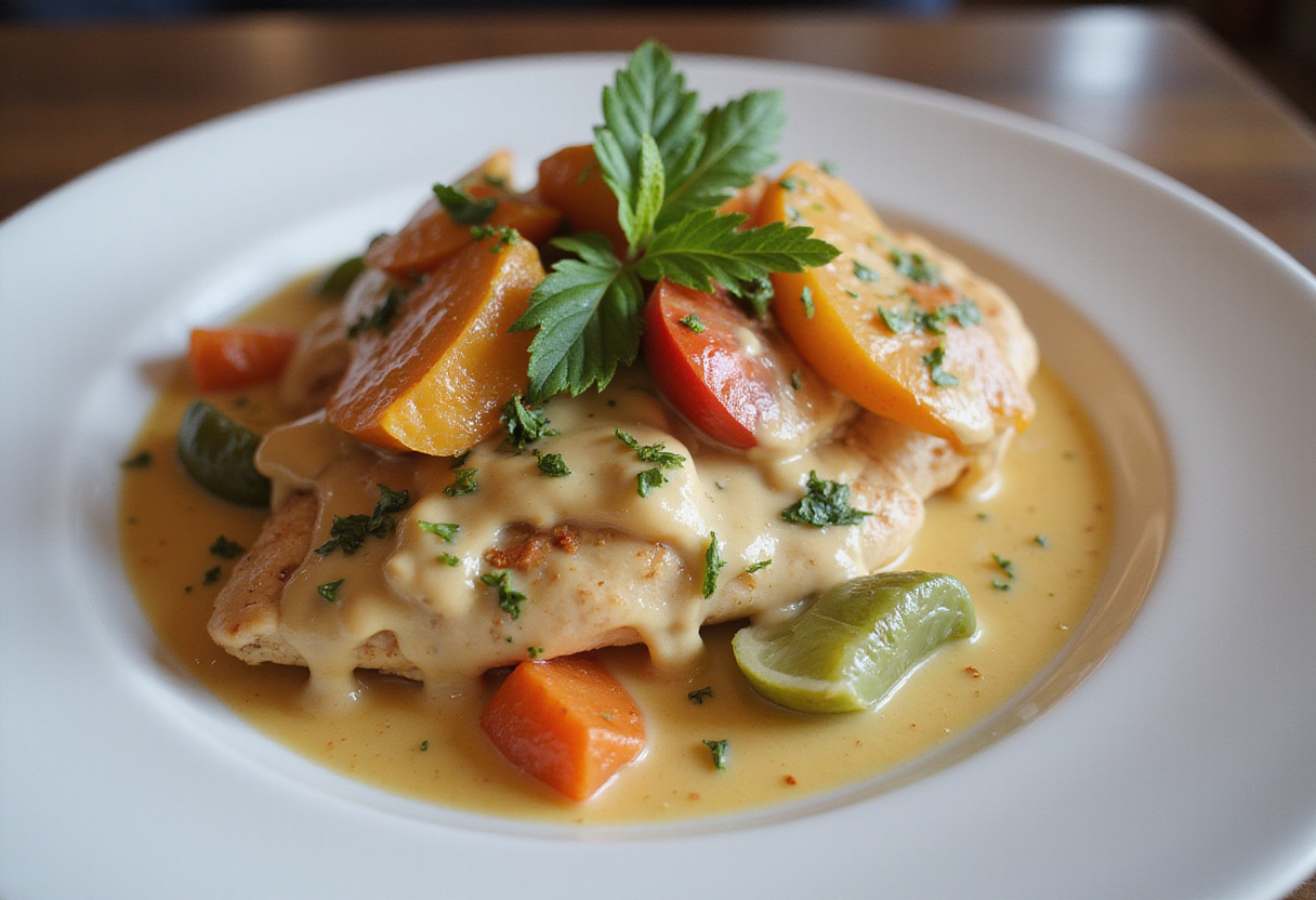 Deliciously presented smothered chicken breast with creamy sauce and vegetables, showcasing an inviting and savory dish.
