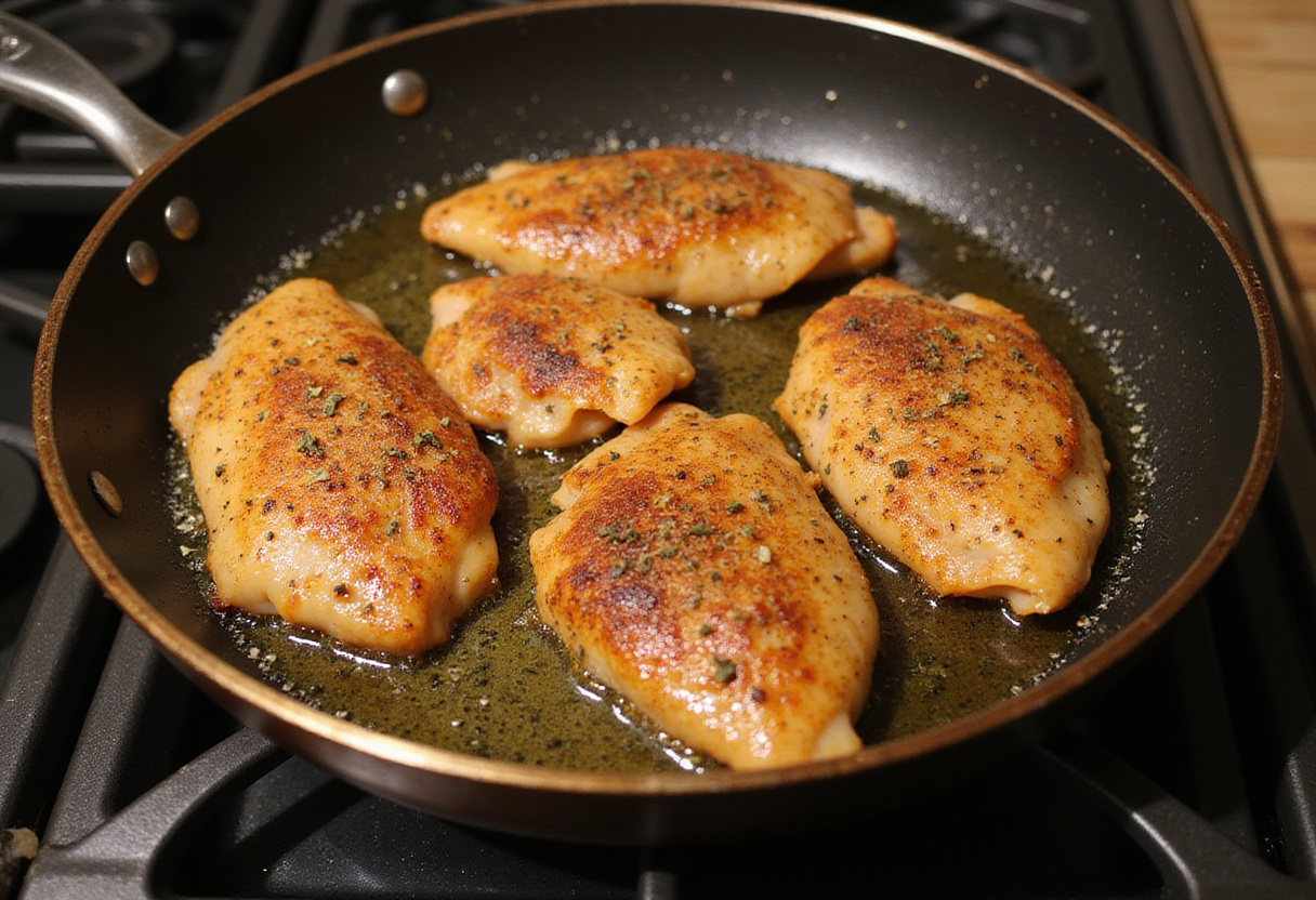 Searing chicken breasts in a skillet, creating a deliciously golden crust for smothered chicken breast recipe.