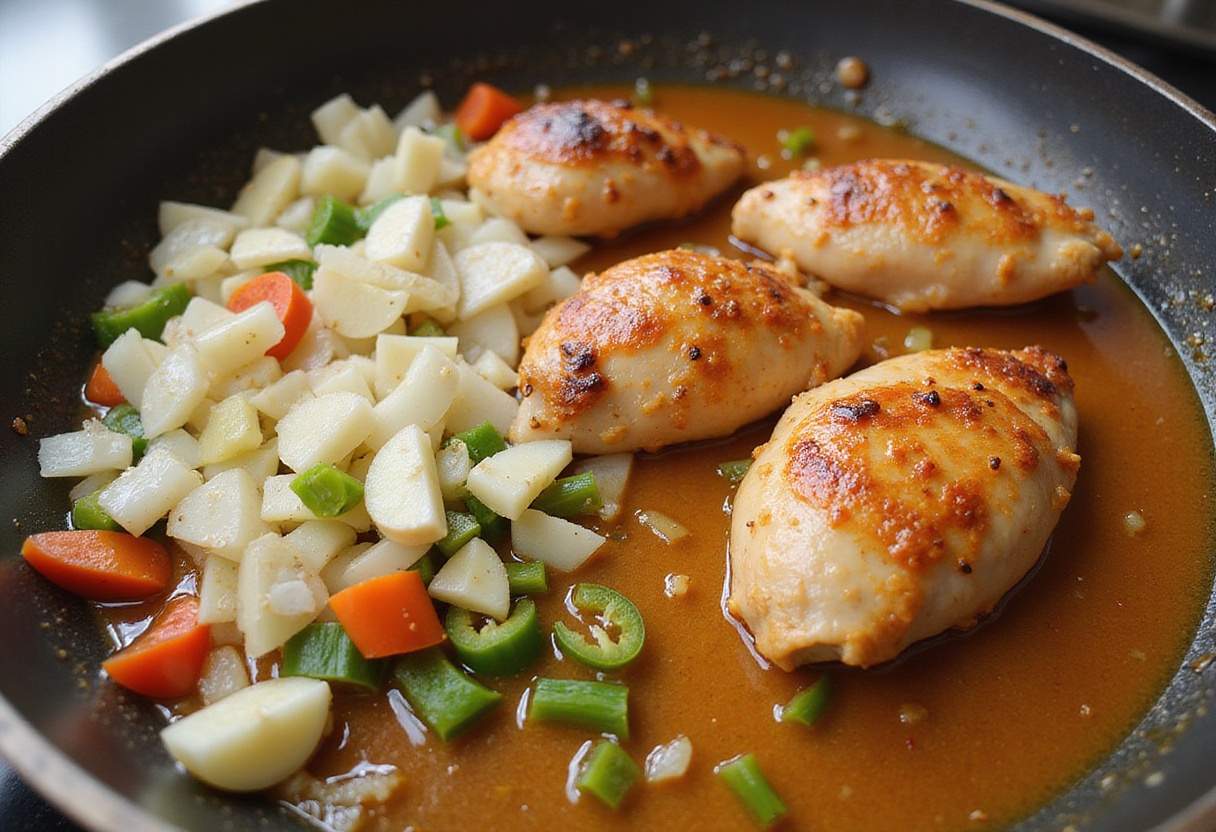Cooking onions, bell peppers, and garlic for smothered chicken breast, enhancing flavors with sautรฉed vegetables.