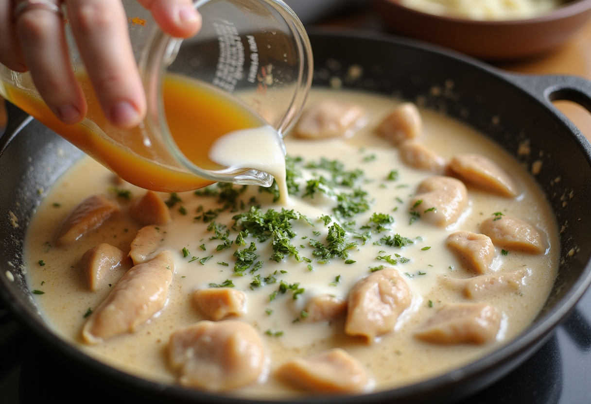 Combining chicken broth and cream for smothered chicken breast, creating a rich and flavorful sauce in the skillet.