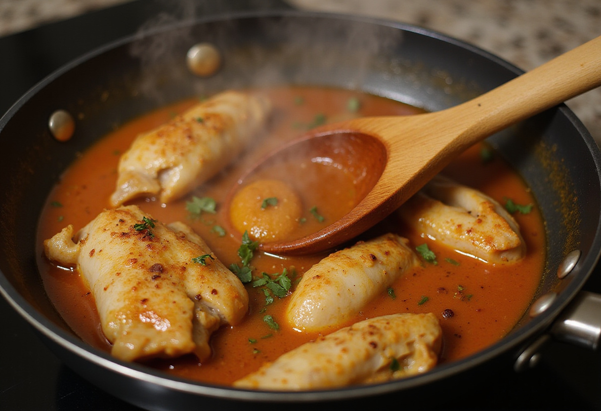 Stirring the sauce for smothered chicken breast, ensuring flavors meld perfectly as the dish simmers on the stovetop.