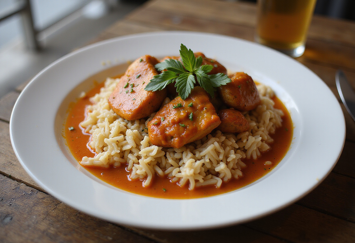 Final presentation of Smothered Chicken and Rice, highlighting the delicious chicken, flavorful rice, and appealing garnishes.