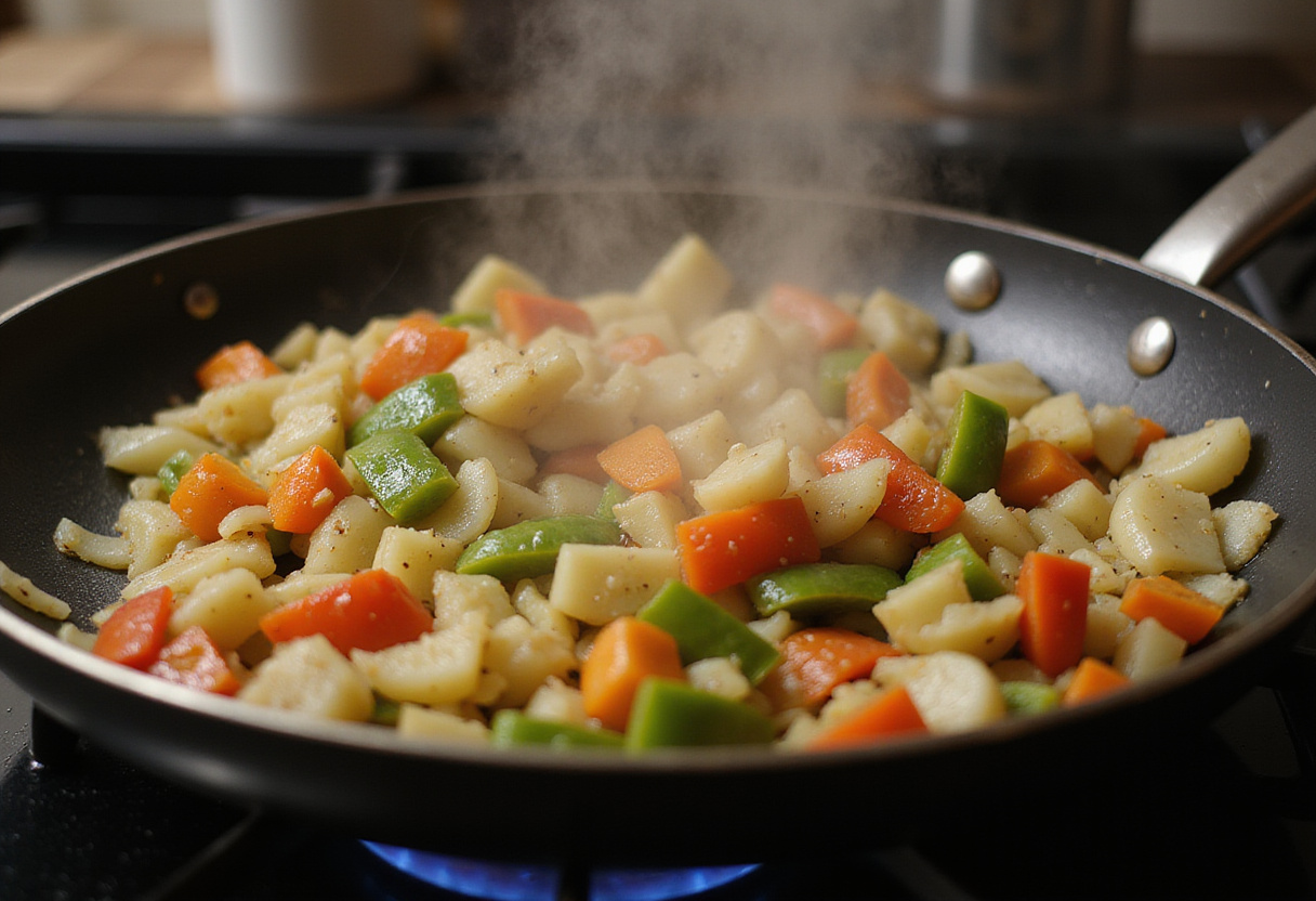 Sautรฉing onions and bell peppers for Smothered Chicken and Rice, creating a fragrant base for the dish.
