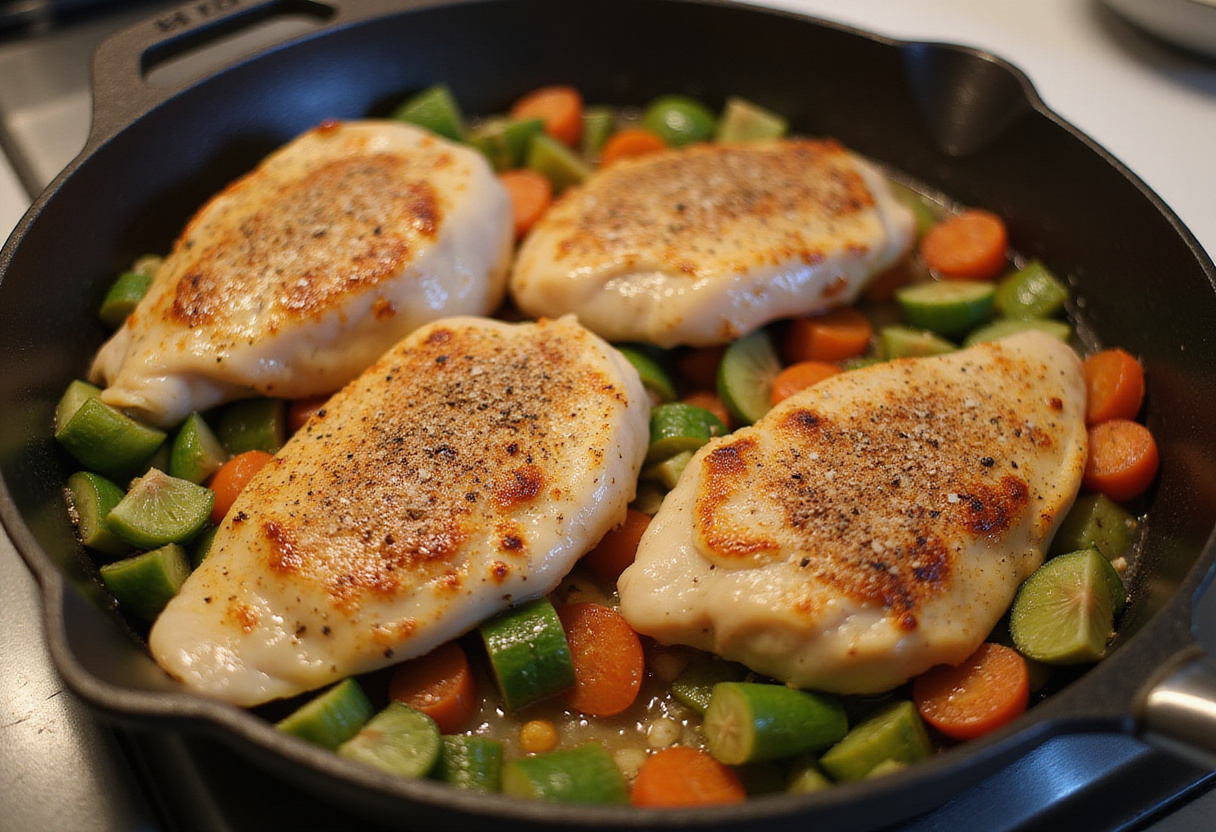 Adding seasoned chicken to sautรฉed vegetables for Smothered Chicken and Rice, enhancing flavors and textures.