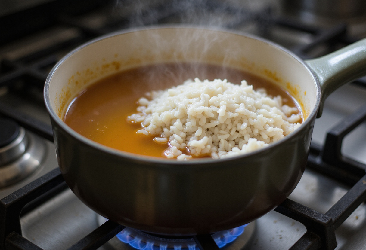 Cooking rice in broth for Smothered Chicken and Rice, ensuring a rich flavor infusion.