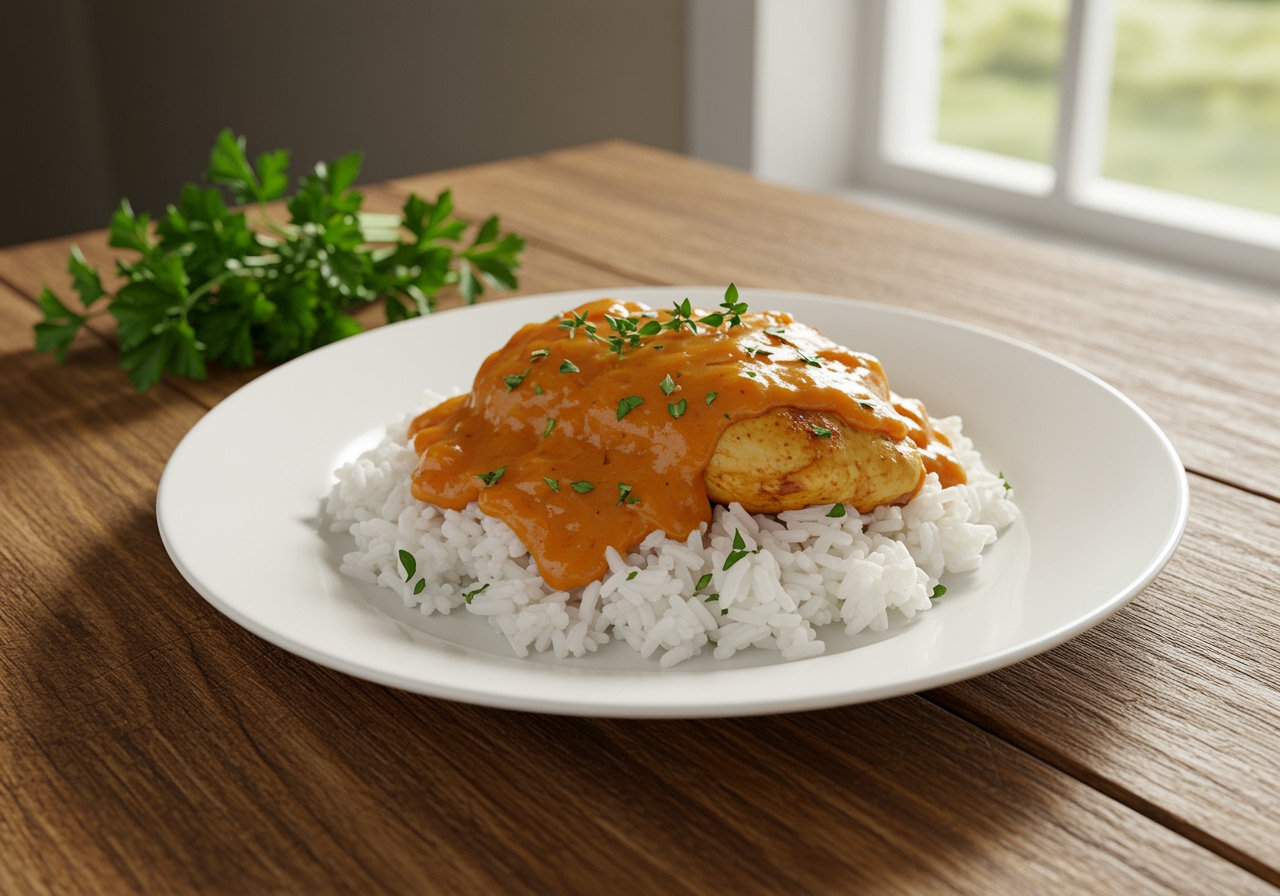 Final presentation of Smothered Chicken and Rice, highlighting the delicious chicken, flavorful rice, and appealing garnishes.