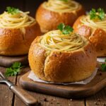 Delicious Spaghetti Garlic Bread Bowls filled with spaghetti, a mouthwatering treat for any pasta lover.