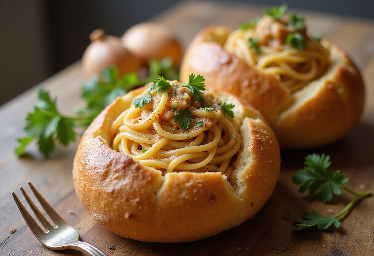 Delicious Spaghetti Garlic Bread Bowls filled with spaghetti, a mouthwatering treat for any pasta lover.