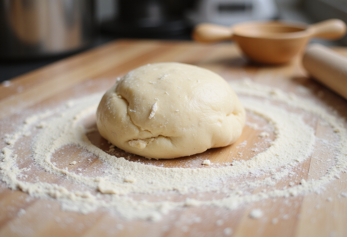 Kneading dough for Spaghetti Garlic Bread Bowls on a floured surface, showcasing the dough's elasticity.