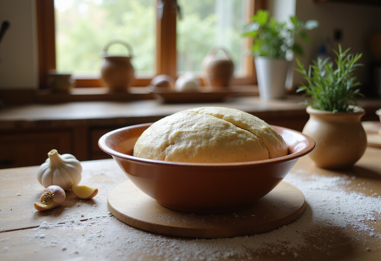 Dough rising for Spaghetti Garlic Bread Bowls in a cozy kitchen setting, as garlic and herbs are prepped in the background.