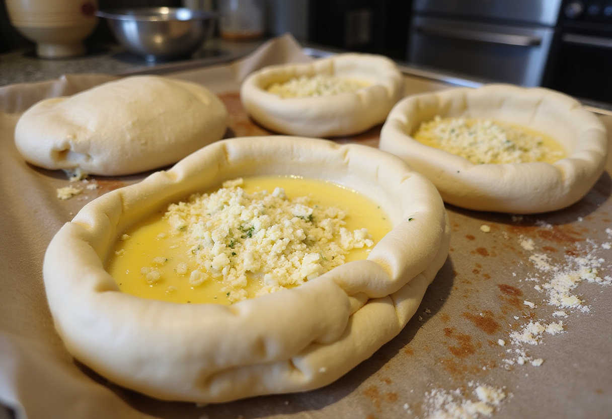 Shaping the dough into bowls for Spaghetti Garlic Bread Bowls, preparing them with garlic butter and cheese.