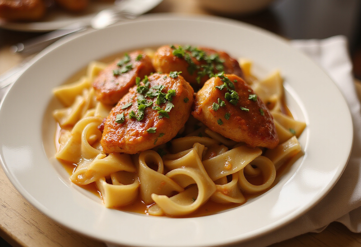Final presentation of spicy Cajun honey butter chicken and pasta, showcasing a deliciously garnished dish.