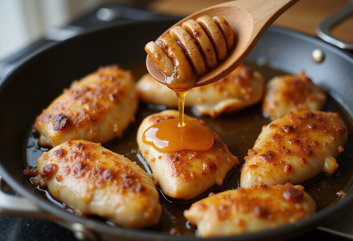 Honey being stirred into chicken for a sweet and spicy Cajun honey butter chicken dish.