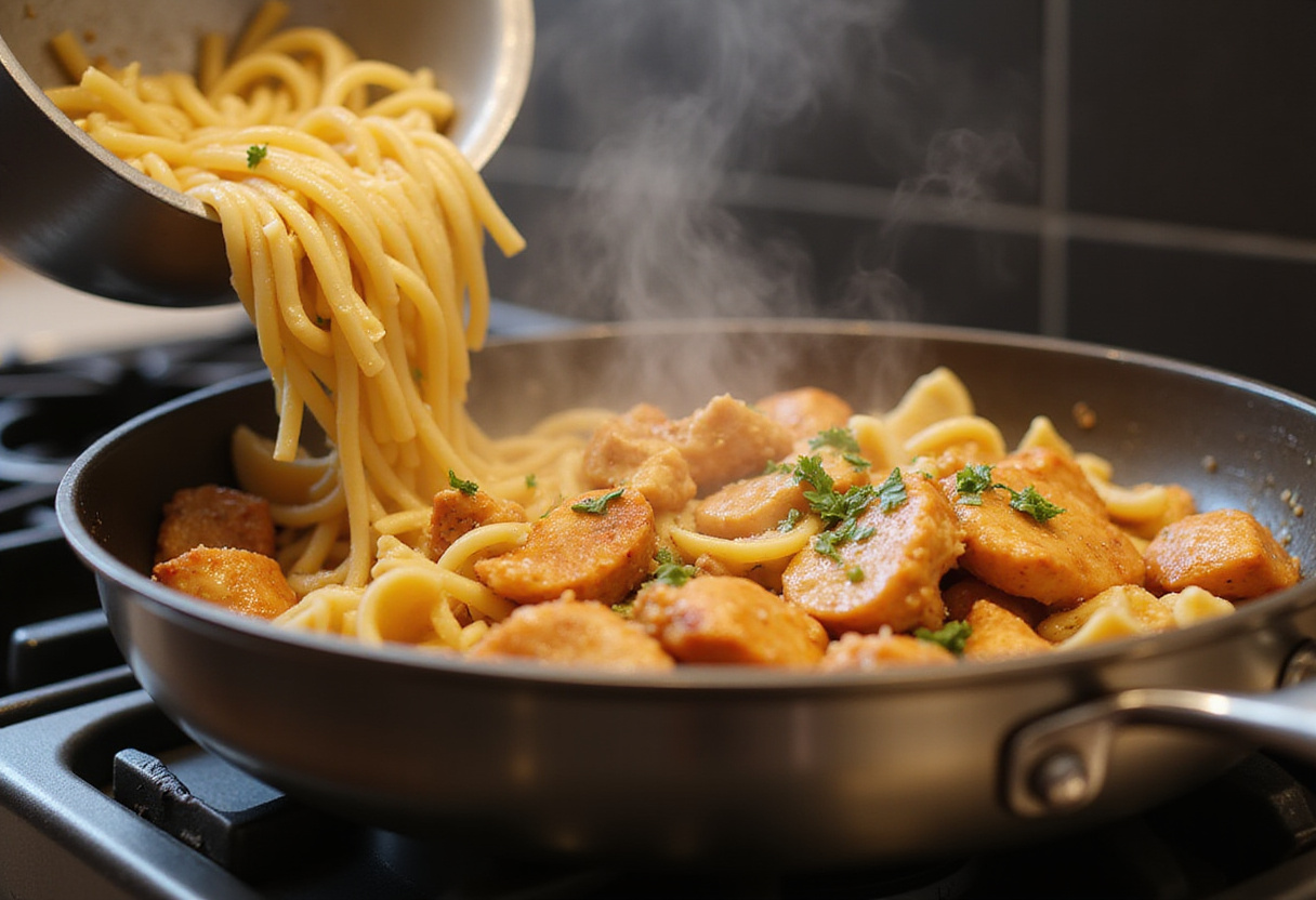 Cooked pasta ready to be combined with spicy Cajun honey butter chicken for a delicious meal.