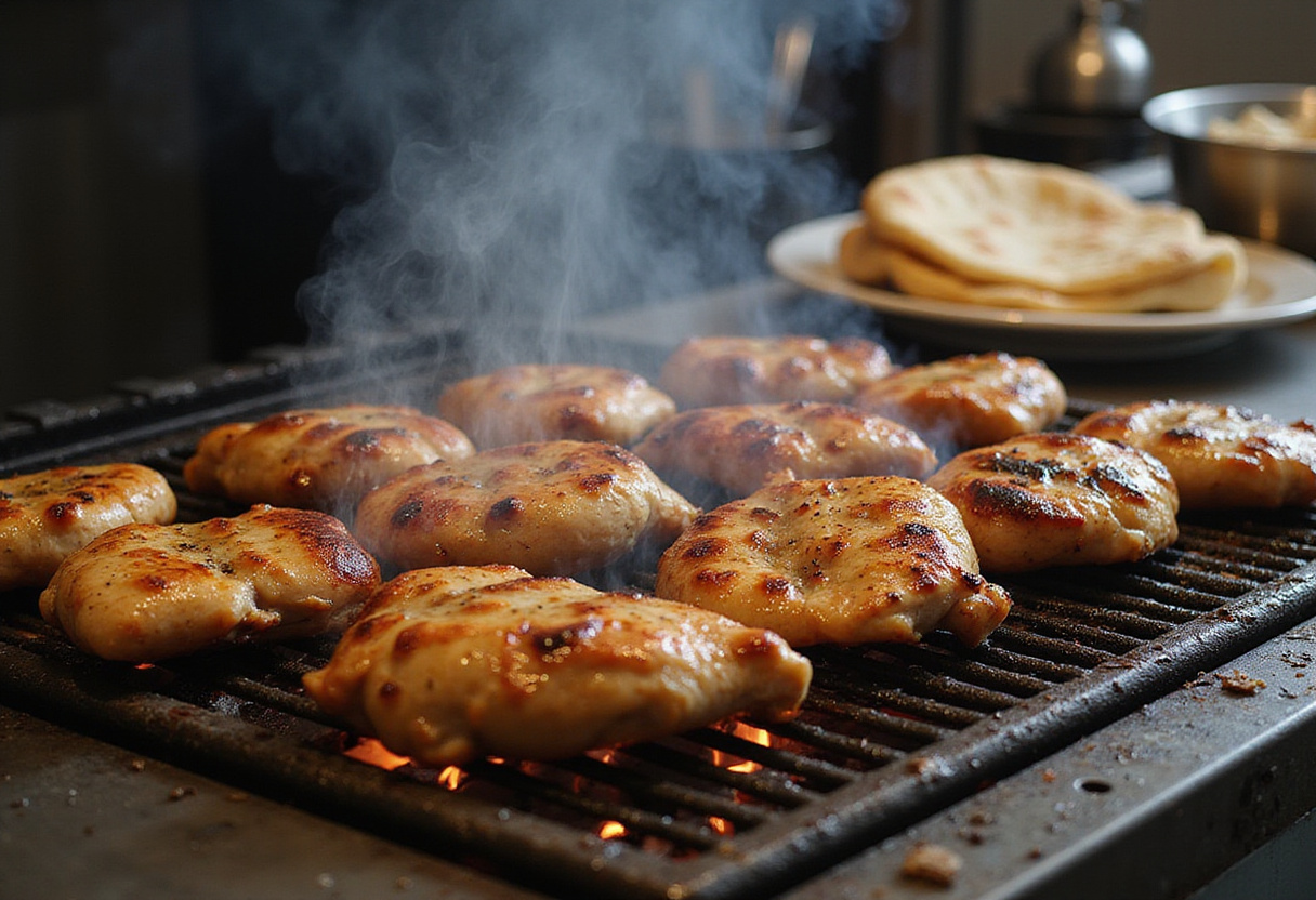 Sizzling grilled chicken for Spicy Chicken Shawarma, showcasing perfect grill marks and aromatic smoke in a bustling kitchen environment.